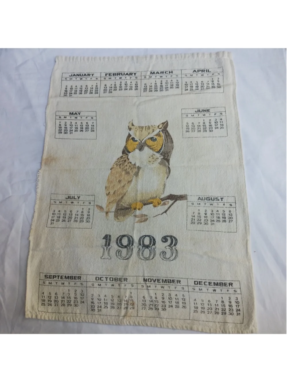 VTG 1983 Owl Calendar Tea Towel Linen Cottagecore 80s Wall Hanging